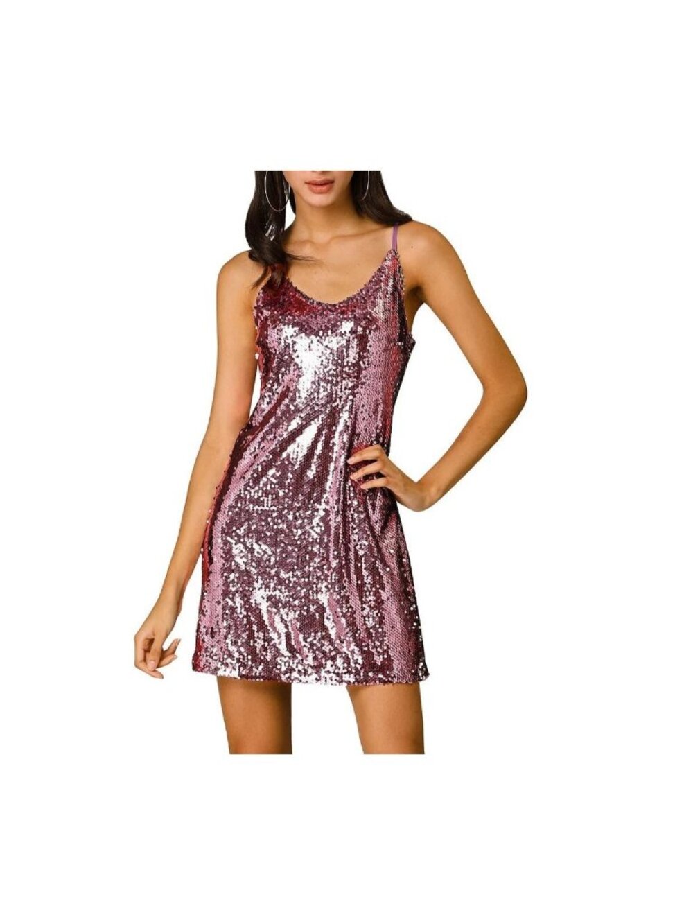 Allegra K Women's Magenta Sparking Sequin Vneck Cocktail Party Mini Dress Size L